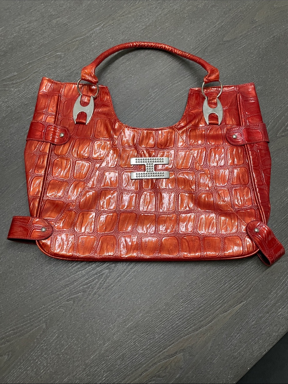 Red Croc-Embossed Shoulder Bag with Crystal Logo Accent